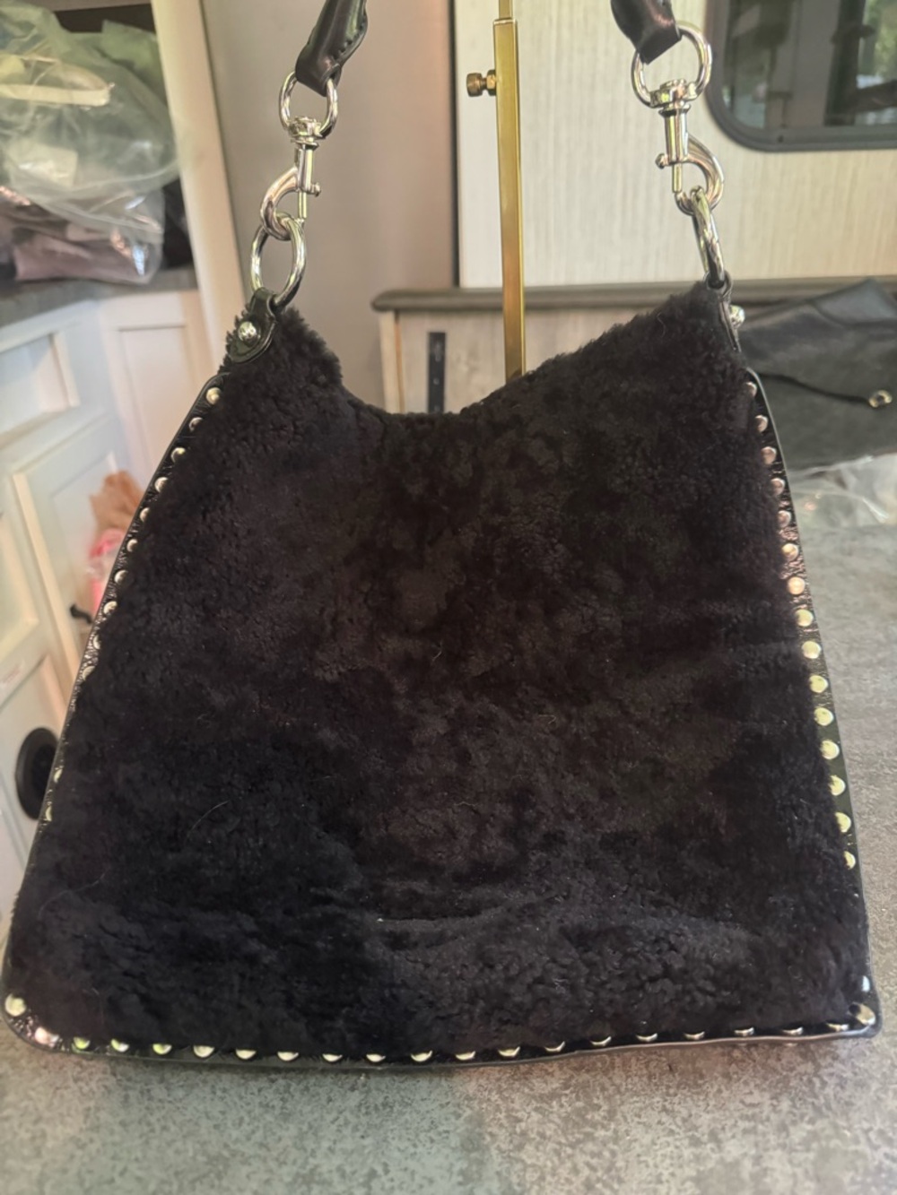 Rebecca Minkoff Black  Shearling Stud-Trim Hobo Bag